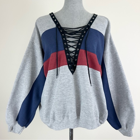 VTG Reworked Gray Lace-Up Sweatshirt with Blue and Red Stripes - Picture 1 of 7